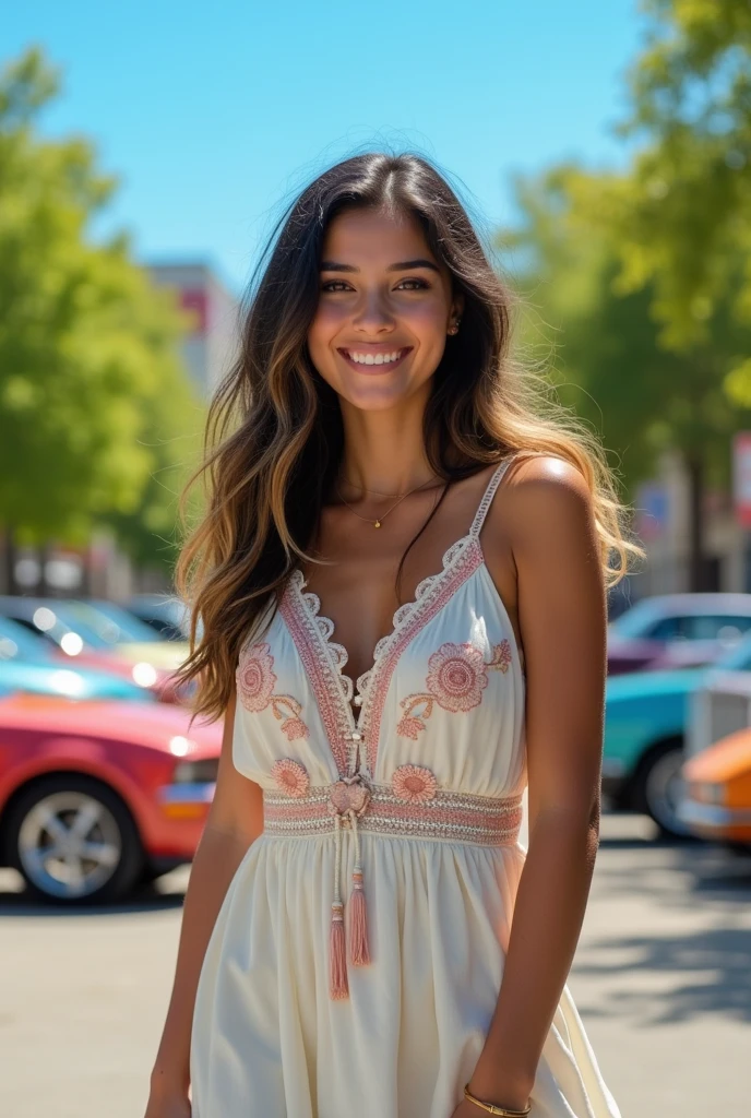 A American 20 years girl with black golden wave hair wearing a western style dress and stand in the parking lot of a beautiful day
