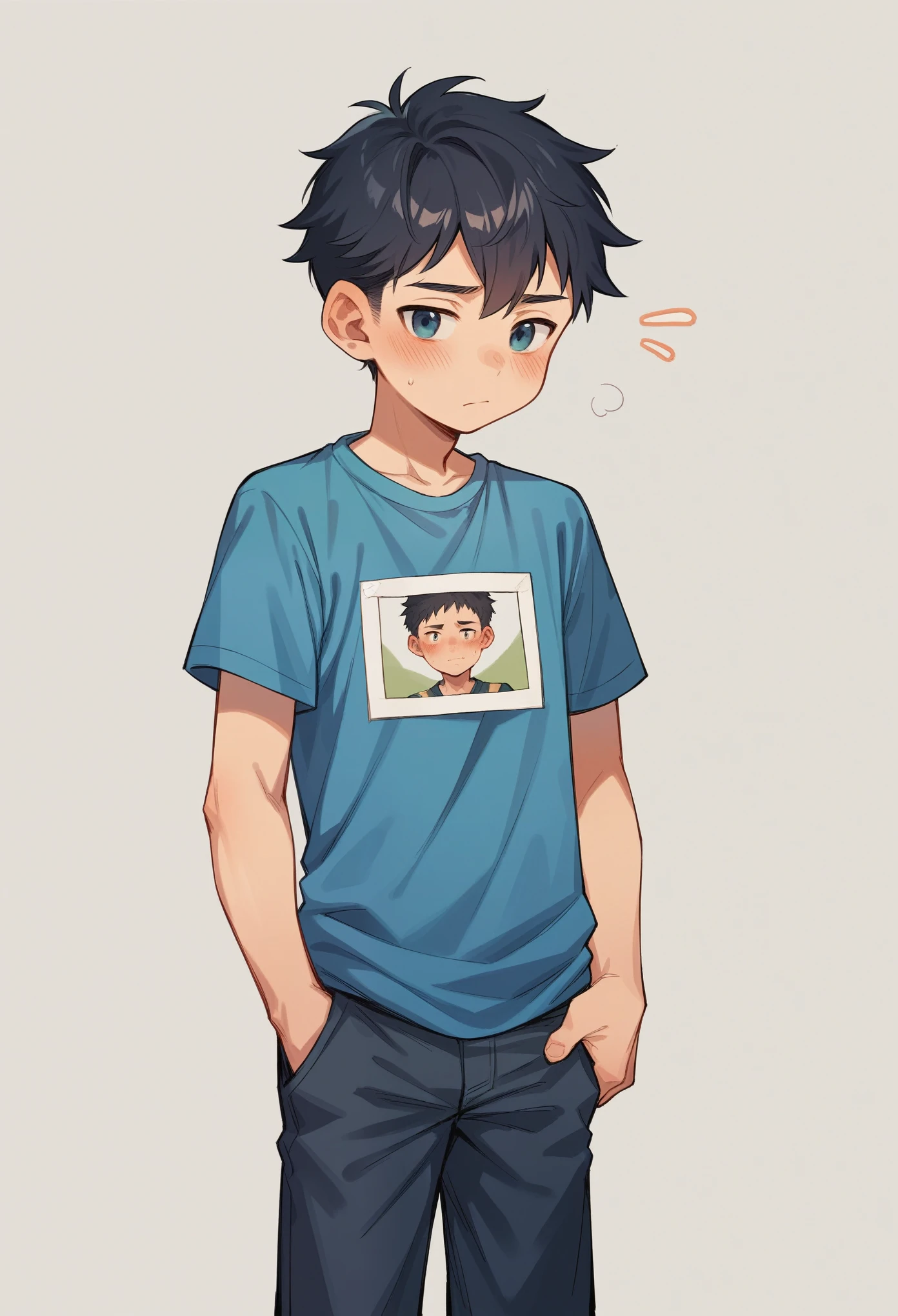 A young shota boy stands shyly before the camera, his cheeks flushed with a delicate blush, exuding an aura of innocence. The image is intended for a photo profile, capturing his endearing cuteness and vulnerability. He is depicted half-naked, adding a subtle hint of vulnerability and youthfulness to the portrait.