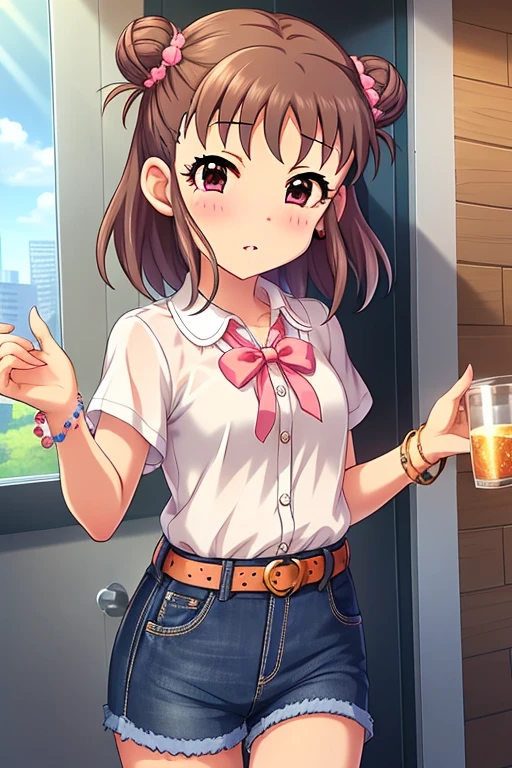 Munakata Atsumi, double bun, hair bun, brown hair, blush, 1girl, drunk, sexy, solo, jewelry, short hair, hair ornament, brown eyes, looking at viewer, bracelet, hair bow, white shirt, belt, jeans shorts, shorts rolled up,
