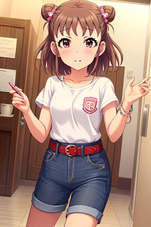 Munakata Atsumi, double bun, hair bun, brown hair, blush, 1girl, drunk, sexy, solo, jewelry, short hair, hair ornament, brown eyes, looking at viewer, bracelet, hair bow, white shirt, belt, jeans shorts, shorts rolled up,
