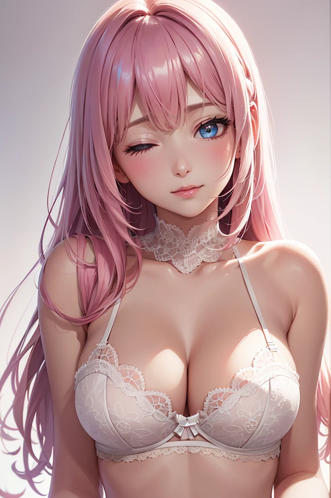 Best Quality,High resolution,8k,(plain white background, no patterns, no textures, just a plain white background:1.3),Masterpiece:1.2),beautiful girl,(Shiny pink hair:1.3),messy hair, from the viewer's perspective, (a girl tilting her head slightly upward as she leans in for a kiss:1.2). (Her eyes are tightly closed:1.5), The angle of her neck gives her an even more inviting and tender appearance. Her hands rest gently on her chest, and her hair frames her face, which is bathed in soft, warm light, A set of lingerie featuring intricate lace detailing. The bra has delicate lace trim along the edges with a floral or geometric pattern, and adjustable straps with small, refined accents. The panties are designed with matching lace, featuring a soft, breathable fabric with a touch of elegance. The color scheme is sophisticated, such as soft pastels or classic black with subtle touches of gold or silver,Best quality,Best Quality,Aesthetic and aesthetic:1.2,Best details((Super detailed))(High-definition CG illustrations),Slender body,Upper Body,focus face, (shoot from above)