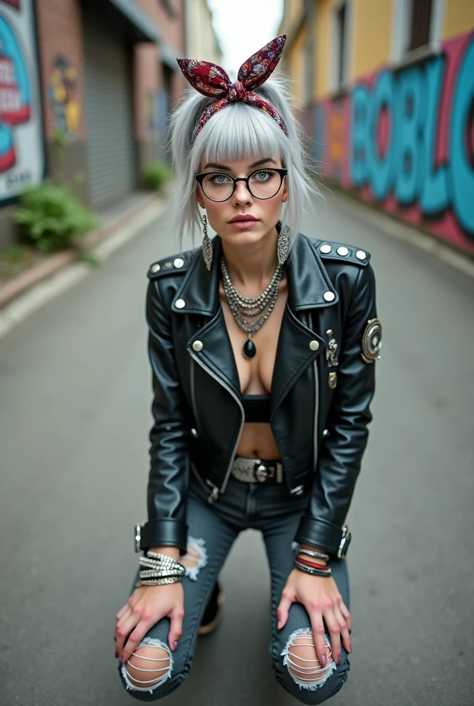 russian old milf woman, grey hair (ponytail and shaved sides) and bandana as headband (big maxi glasses), with very light blue eyes, extremely pale. Wearing cropped black moto jacket with badges on the sleeves and pins on the flaps, nothing under the jacket, dark skinny grey jeans with holes and pointy silver Chelsea boots with cuban heels . Lots of silver bracelets, collars, pendants and rings. Long earrings. Wide studded leather belt with oversized buckle. Kneeling, one knee on the ground, like in a payer, Looking at the camera, feeling hungry, desperate. Toned abdominals, thin legs and thin arms. tattoed
