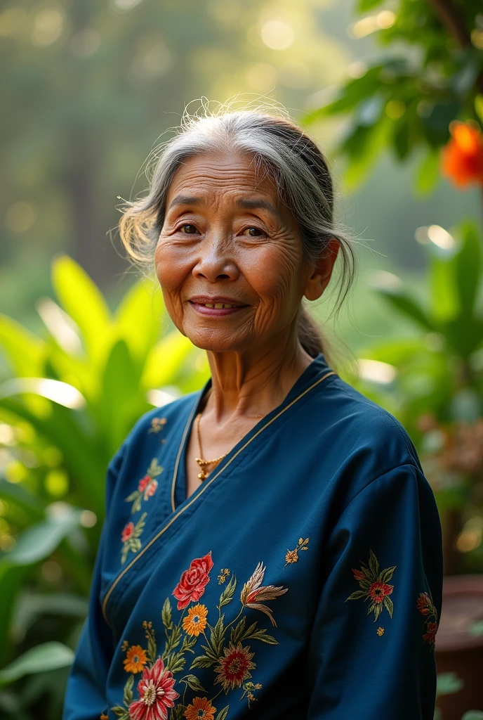 Thai grandmother in the countryside (best quality,4K,8ก,height,Masterpiece:1.2),Very detailed,(realistic,photorealistic,photo-realistic:1.37),HDR,UHD,studio lighting,ภาพวาดที่Very detailed,Sharp focus,Physical rendering,คำอธิบายรายVery detailed,professional,bright colors,Bokeh,high definition, the courageous grandmother,, Teresa Maguina,, her eyes reflect wisdom and determination,, with depth,, brown irises glowing with resilience,. Beautifully detailed eyes, Long eyelashes, and captivating eyes,. Teresa's face bears the marks of a life well lived,, her lips,, weathering with time,, part of it is a gentle smile that radiates warmth and kindness,. beautiful and detailed lips with an expression that speaks of kindness,. surrounded by lush greenery,, Standing amidst a vibrant garden, bursting with colorful flowers and towering trees,. Sunlight shines through the leaves., Handsome and gentle,, the warm light on her face,. The landscape is filled with bright colors and the beauty of nature. Wearing indigo-colored Thai silk with embroidered patterns ,adding movement and life to the scene,. in the background, Offers panoramic views of the rural village., The artwork is rendered in the style of a hyperrealistic portrait, capturing every subtle detail of Teresa's features,. the texture is meticulously recreated,, from the fine lines on her forehead to the creases around her eyes,. the painting is full of realism and depth,, evoking strong emotional connections,