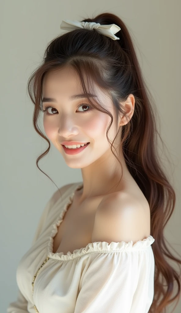 Long Hair, , ponytail, Large Breasts, smile, Simple Background, ribbon hair accessories, far and near method, 8k octane, Brown Hair, Gaze, Japanese women and pure