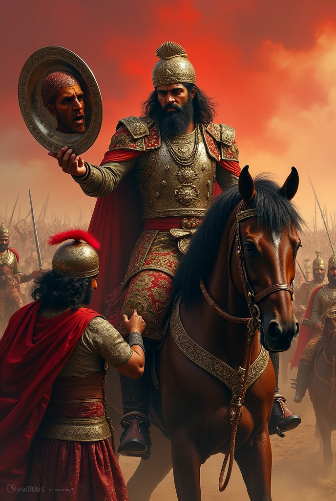 One of his soldiers brings the queen's severed head on a plate to the rajput king while king is sitting on a horse in the battlefield.