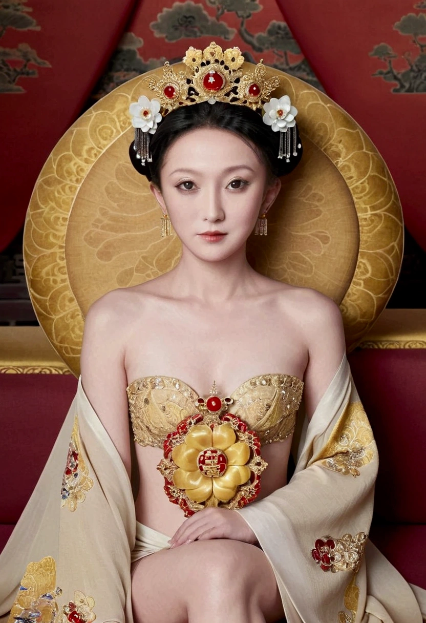 From the pre-Qing period, The Empress sits naked on a large golden sofa in the palace,  Her legs were spread, At the Chinese court during the Qing Dynasty, Empress of the Qing Dynasty, Wearing the great crown of the Chinese Empress, Belly and thighs visible from below.。She is completely naked, Showing off gorgeous large flowers and hairpins, She tied her hair up and pulled it up, 背景はEmpress of the Qing Dynastyの豪華な宮殿.