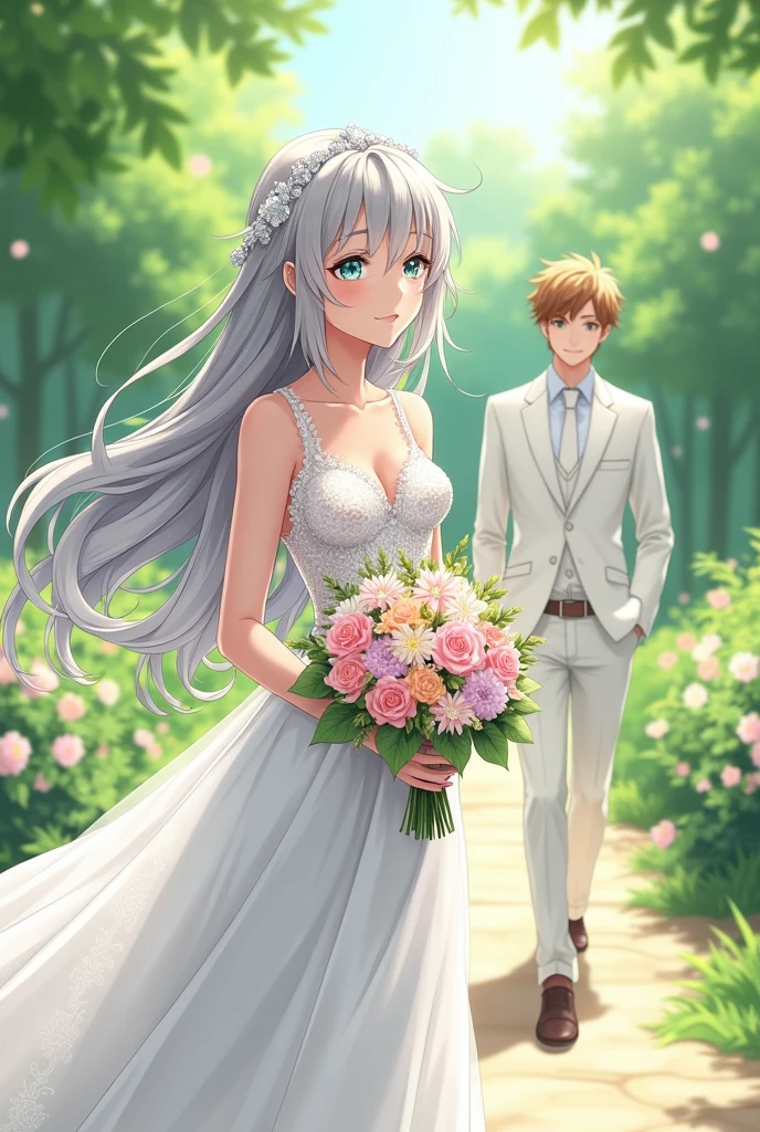 An 18-year-old anime girl with long gray hair and blue eyes wearing a wedding dress, holding a bouquet of flowers, waiting for her 25-year-old husband who has green eyes, brown hair, a white formal suit, and sharp, happy features.