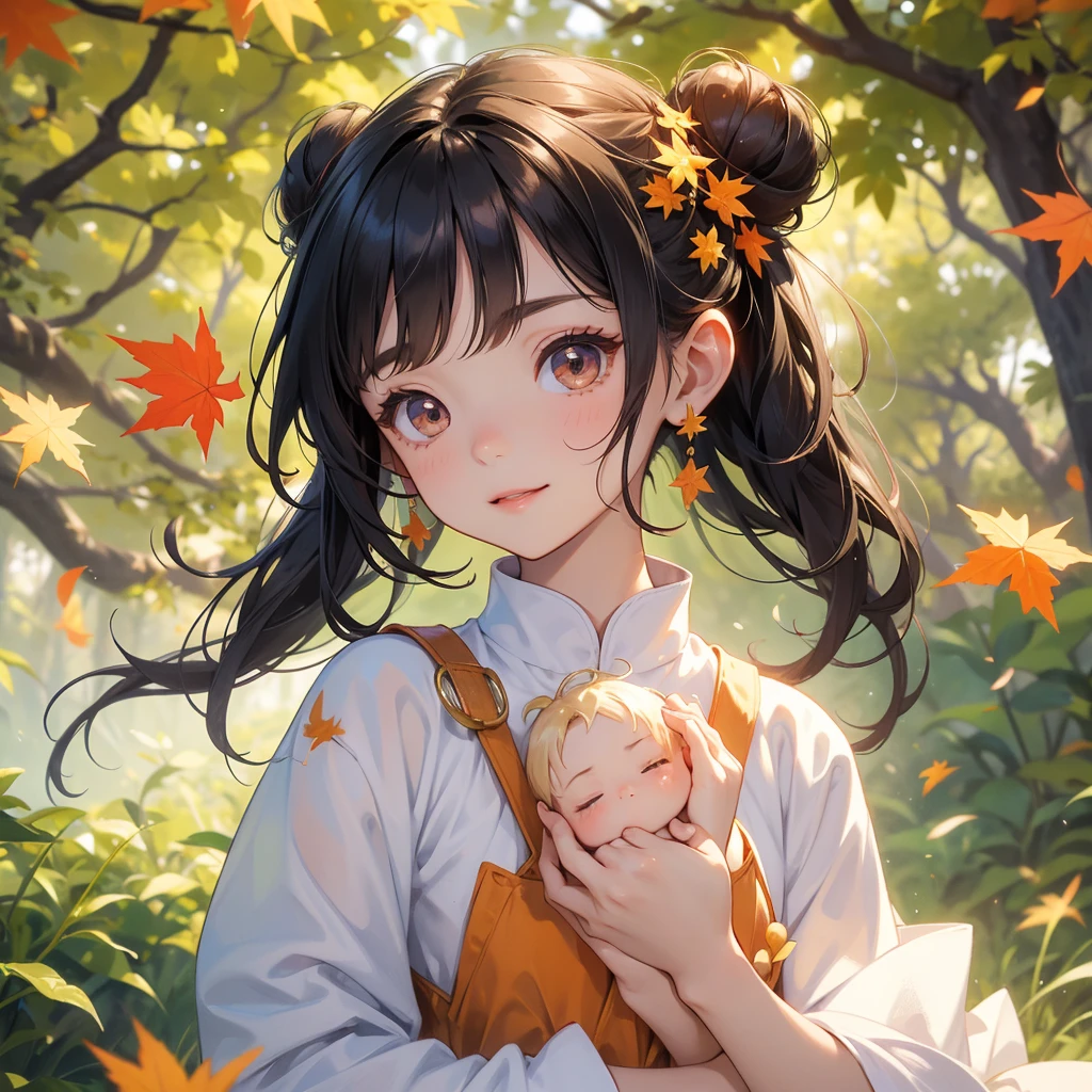 A chibi girl had a small face and wearing a gold little tourist priest’s outfit, a pair of big round eyes shone with curiosity about him. This childso cute, her hair is black with buns on her hair. Small chibi , chibi baby, smil, chibi.
The backdrop is a mountain that turns orange-red in spring, and maple leaves fall from the trees.