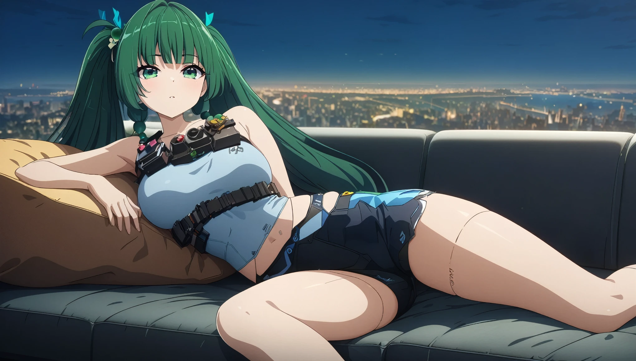 masterpiece，high resolution，Anime Art，Anime Numbers， 4k anime wallpaper，Movie Light Effects，Radiant Skin，Looking at the camera，1 anime girl，Lying on the sofa，Green twin ponytails，Green beads，Green eyes，Big breasts，Firm chest，thigh，butt，Modern city during daytime