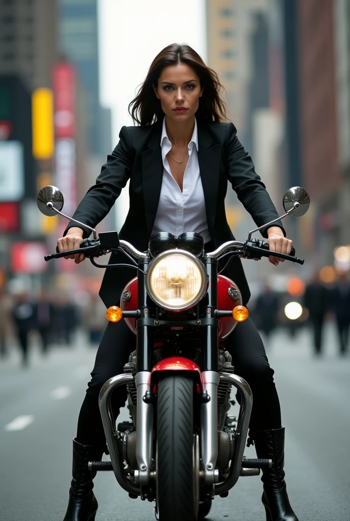 She is a very beautiful and glamorous 40 year old white FBI agent wearing a tight black pantsuit, white dress shirt and boots..Y.C Riding through traffic in Times Square on a vintage Triumph motorbike、 like a Angelina Jolie,dark brunette straight long hair,blow windy long hair,Saggy super big、super realistic mature's body and skin,glamorous sexy figure milf,Very chubby and glamorous、very plump glamorous woman,Motorcycle exhaust fumes、Very large, pendulous breasts、a perfect glamorous mature woman's proportions、very plain tight black pants suit and white dress shirts,A scene from a tense spy movie where a criminal is being pursued、sagging super huge Breasts,A muddy and scratched vintage Triumph、She is injured and has bloodstains on her shirt.、Full body image from head to toe,He is shouting loudly and holding a gun、