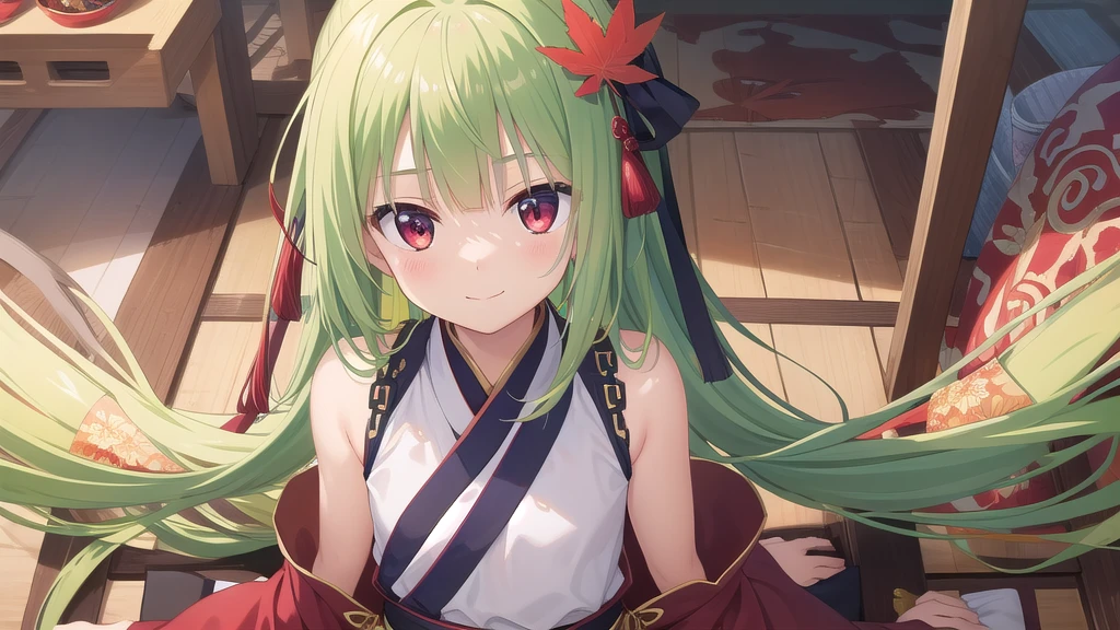 ((masterpiece)),(best quality),Official Art,Extremely detailed CG,Unity 48k Wallpaper,Very detailed,Beautiful and delicate eyes,Extremely detailed face,1 girl,solitary,,(whole body:1.5),(small:1.3),Smile,,Murasame,Very long hair,Green Hair,Face Up,Purple bow,hairpin,Side chains,Bangs,Red Eyes,Neck strap,Red belt,Chinese elegant style,Long-sleeved hanfu,,Who is playing a song on the pipa? The east wind breaks the maple leaves, coloring the story. I see through the ending.