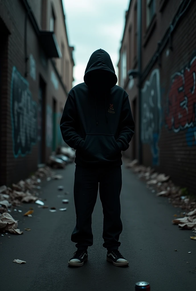 Create a photo of a forgotten person in a black hoodie

