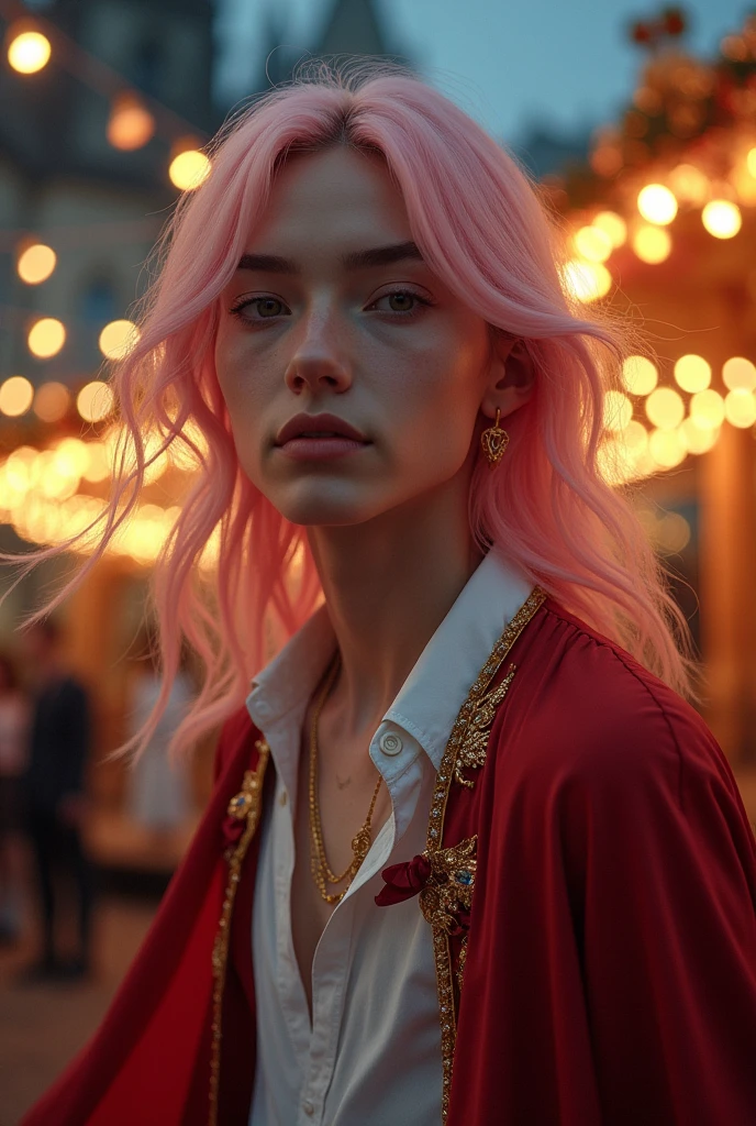 ((Masterpiece, Best Quality, Highest Image Quality, High Resolution, Photorealism, RAW Photos, 8k)), A beautiful man, 20 years old, light muscles, pale skin, fine feature, soft feature, young face, oval face, lightly smile, straight long hair, pink pink haired, hair flying in the wind, show forehead, gold jewelry, open white shirt, thin red cloak. Outdoors, in the night circus, gothic architecture, Christmas.