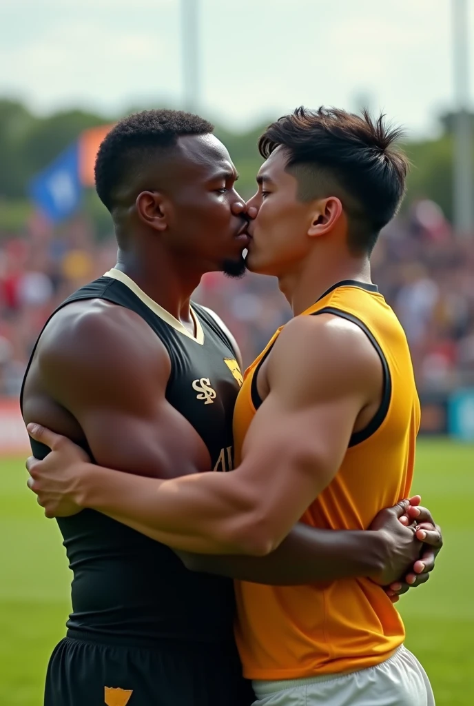 Asian young rugby player A and Asian rugby player B。A has a buzz cut and dark skin、Muscular and sweaty body。Wearing sleeveless rugby uniforms。B has short hair and is a muscular jock。A and B kissed after a rugby match.、Hug each other tightly