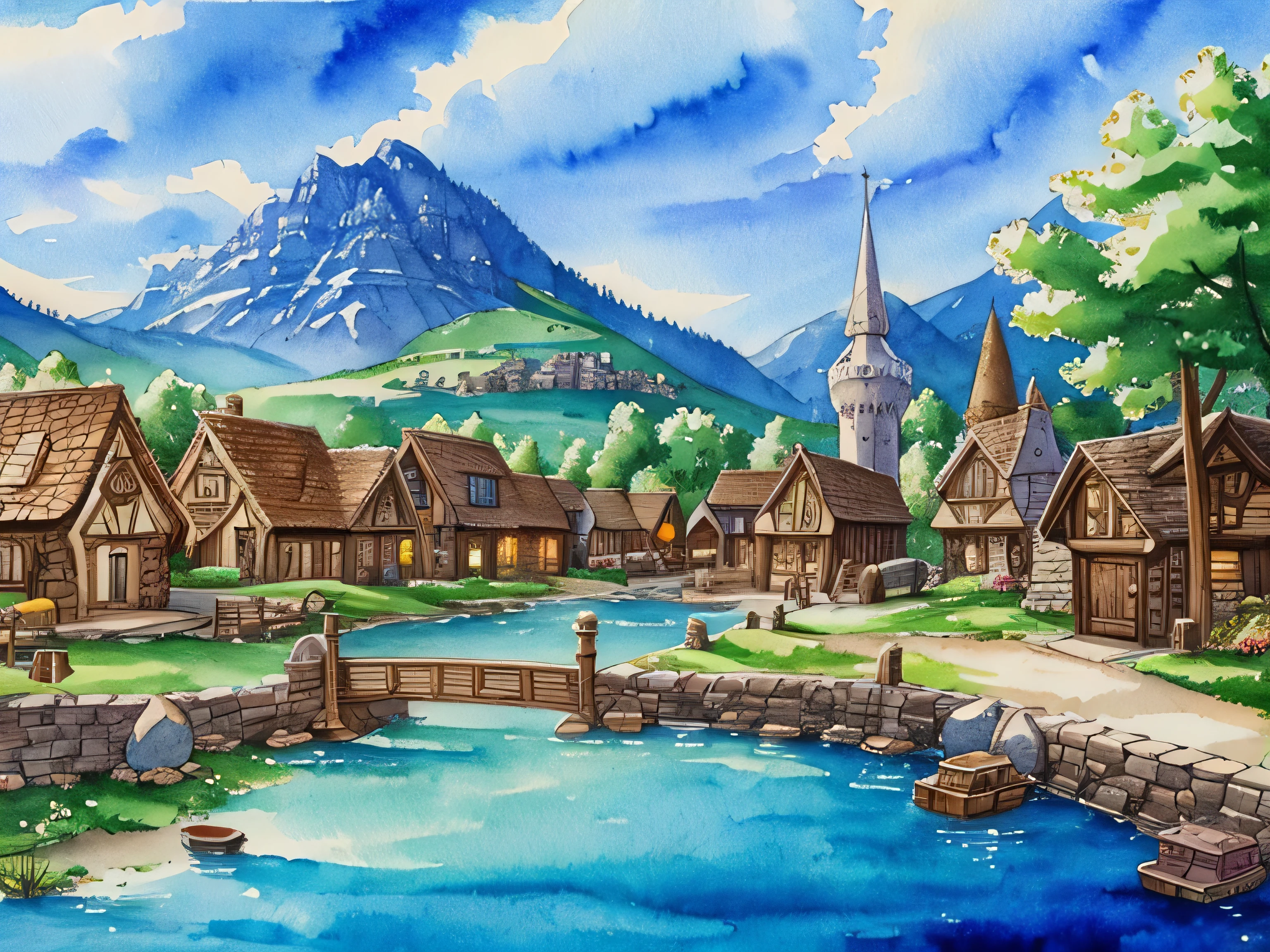 A medieval fantasy town filled with magic and potion shops　watercolor