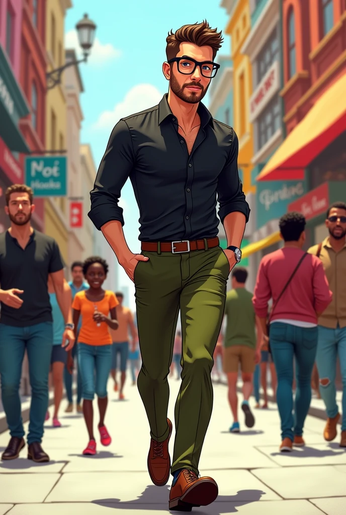 A man wearing black formal shirt and olive trousers and shoes walking through crowded metropolitan city ( cartoon)