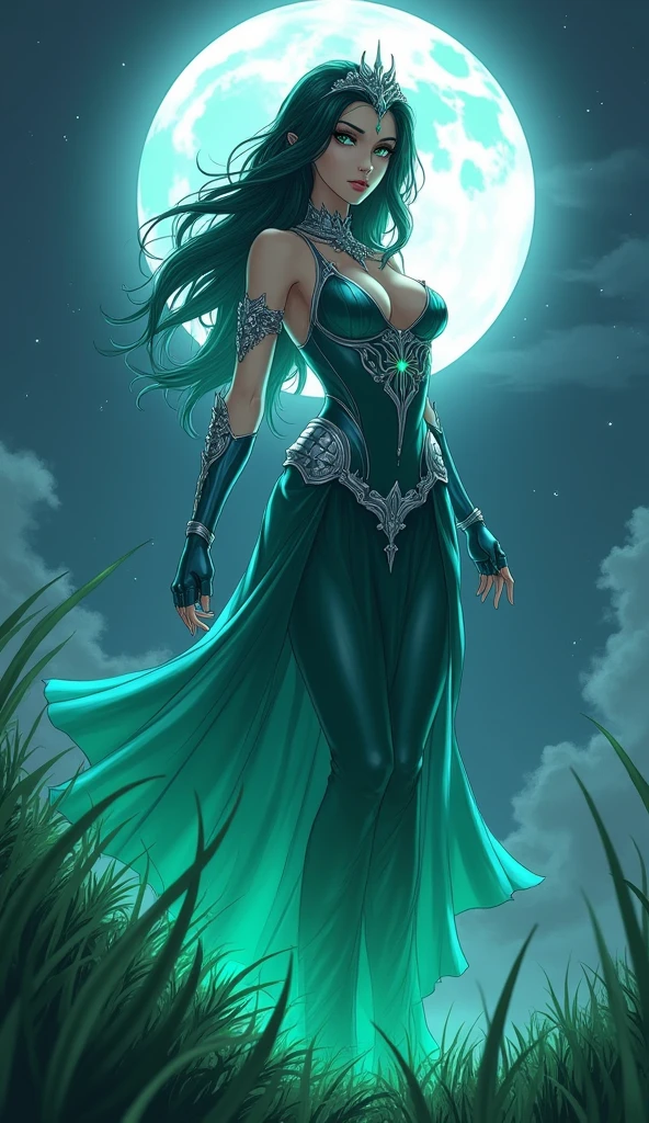 Anime style, A beautiful goddess of the night similar to Psylocke descends from the heavens to perch on the green grass and the light of the full moon shines behind her, she wears a sensual dress with blue armor and a silver crown. Her eyes glow with green light and her hair is dark green. She looks like a cold queen and a powerful aura surrounds her. (Fantasy Style) (Anime Style) (goddess) (queen) (sexy)