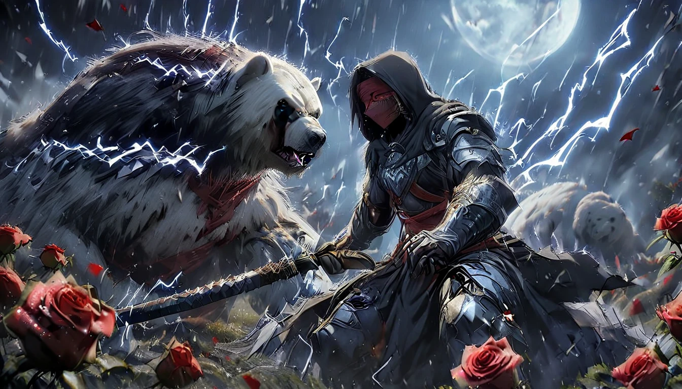 Menacing picture. In it a man with a black hood and a katana is riding a polar bear while the moon shines, Roses cover the ground and lightning falls from the sky. The man wears a red blindfold. The background of the picture in red.
The background is dark red.