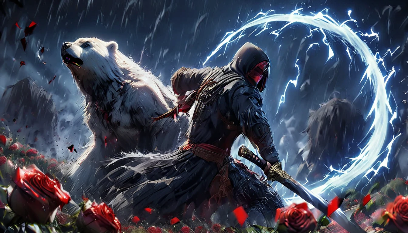  Menacing picture. In it a man with a black hood and a katana is riding a polar bear while the moon shines, Roses cover the ground and lightning falls from the sky. The man wears a red blindfold. The background of the picture in red.
The background is dark red.