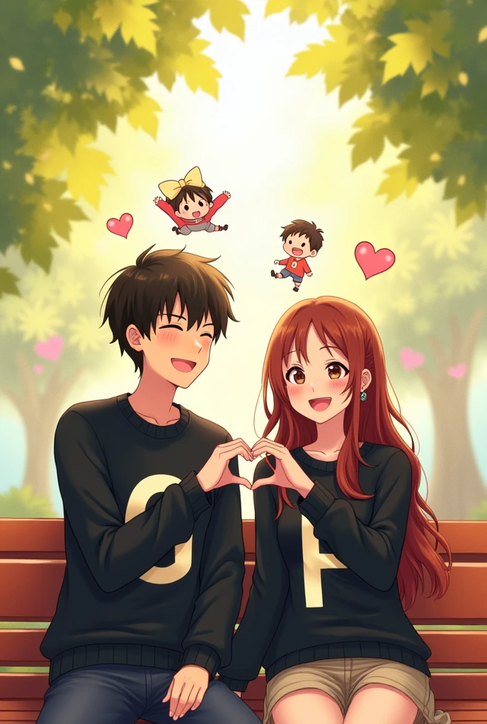 Photographs with the initials on his black sweater G for man and F for woman, as a couple, with anime cartoons The couple is sitting and they are forming a heart with their hands
