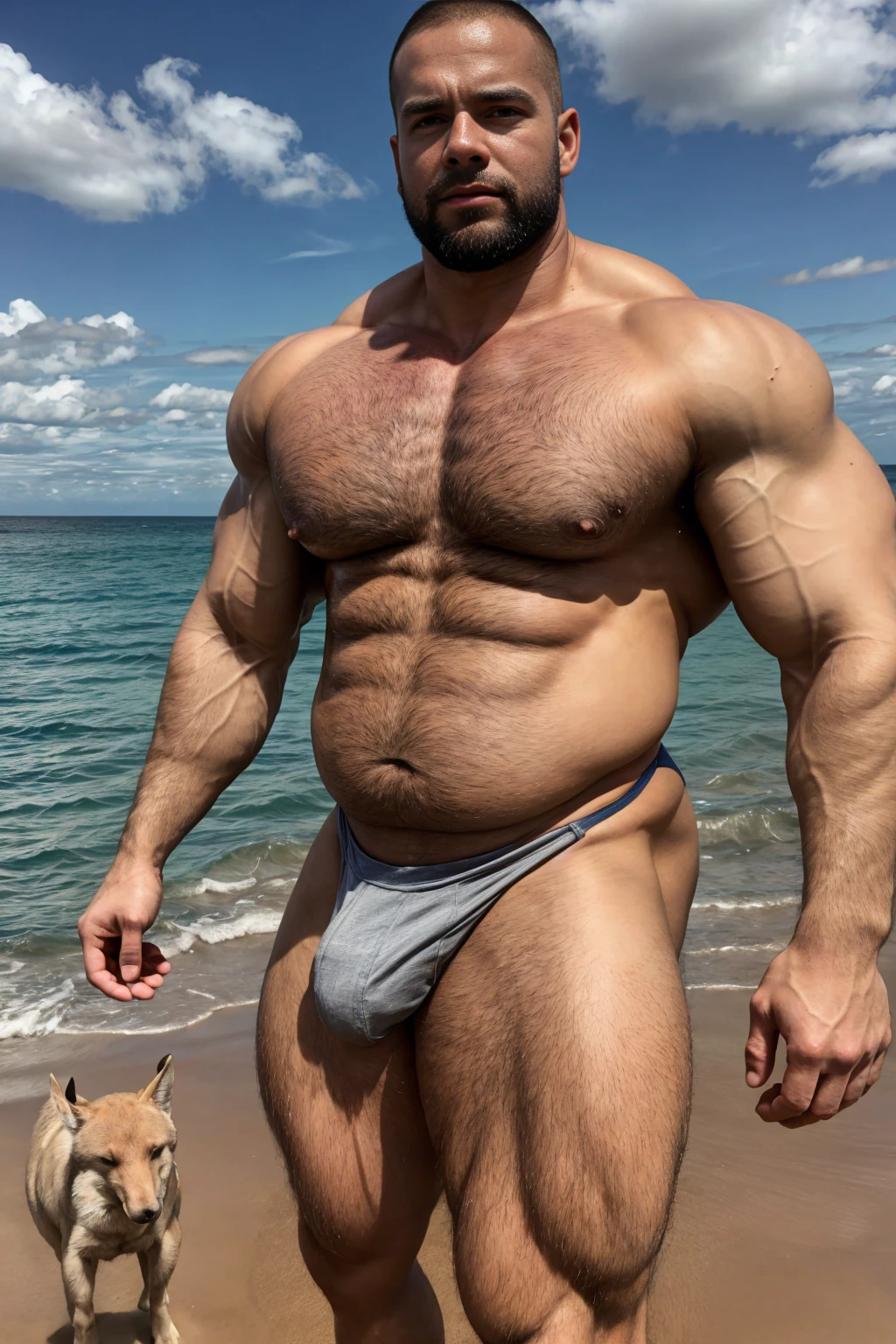 Ultra wide angle,(Medium shot of two handsome guys),twin,Male love,plump breasts,swelling of chest muscles,Full chest muscles,swelling of chest muscles,Sweat,Skin is moisturized and shiny,(face slimming),small head,short hair,beard,Sexy and charming expression,gloomy eyes,blue eyes,Naughty and cool,Handsome and cool guy, (Topless), ultra thin pantyhose,Big bag highlights,(Full chest muscles),(breast muscle swelling),Chest and belly hair,Topless,Skin smooth and hydrated,fiery, Super Sexy, Behind him is the sea, standing on a sandy beach by the ocean,There are flying fish and dolphins in the water,of a Topless, member, Very sexy,Blue sky and white clouds, member, looks hot, Strong smoldering, Attractive and good looking, 30 years old, Attractive man, sexy masculine, 8k reality, Ultra-detailed photos, Bulger j8,Perfect hand details,Perfect facial details