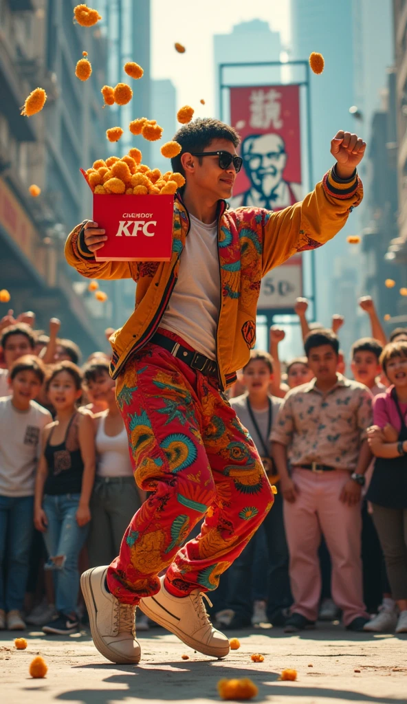 A Chinese street dancer，Doing dance moves，Holding a KFC chicken nuggets box，Chicken nuggets flying in the air，Street dance performance stage，The audience was cheering，There is a clear KFC sign in the background