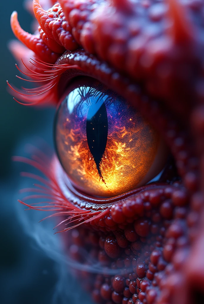 a close up picture of an epic mighty red dragon eye, you see the night sky and endless stars, nebula, in the irises, some smoke and fire from the dragon