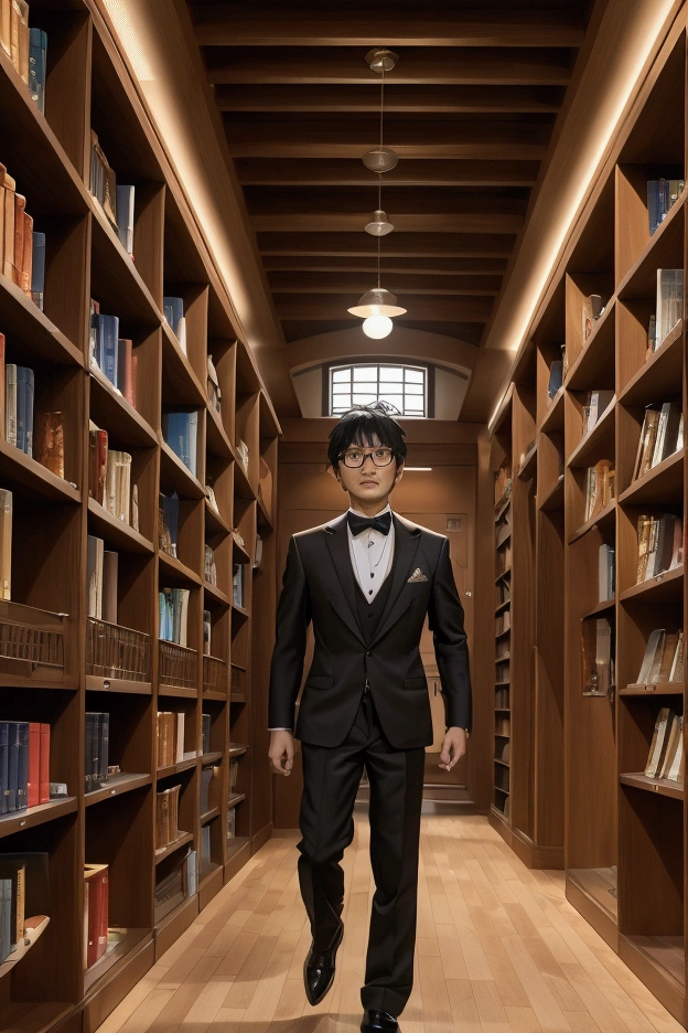 There is a man in a suit standing in a library., hideaki year anime, Hideaki Anno, hideki year, Inspired by Yasushi Sugiyama, Kentaro Miura Art, kentaro miura manga art style, Kentaro Miura Art style, cyril rolando and m. I&#39;m confused, cyril rolando and m.I&#39;m confused