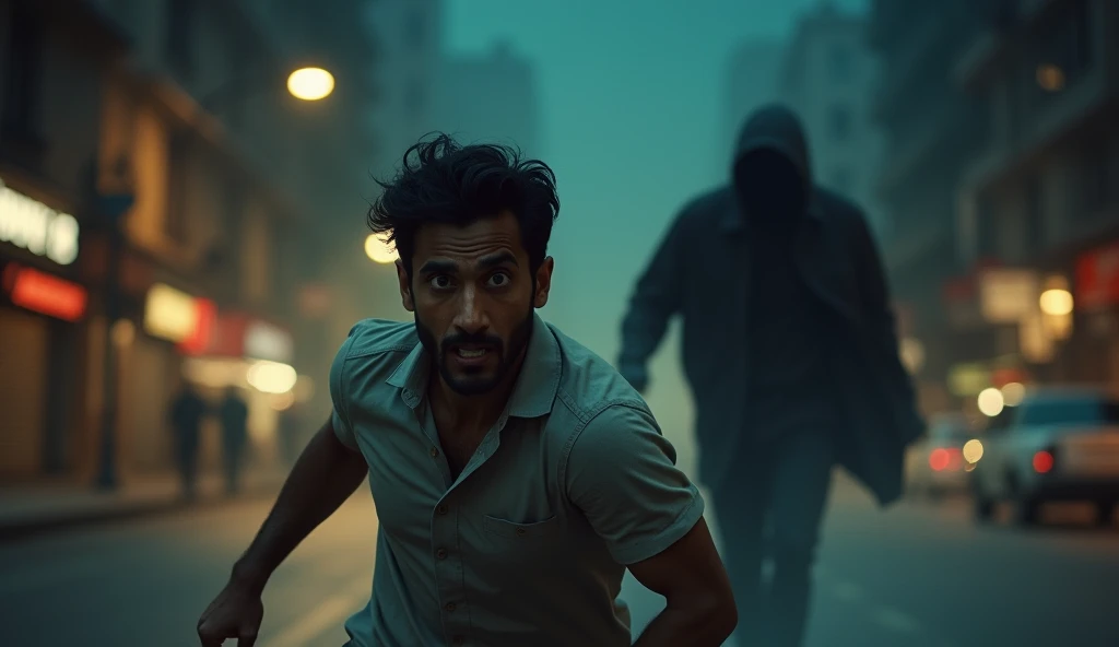 Akash Running in Panic
Akash is shown running frantically down the street, looking back over his shoulder in terror. Behind him, the shadowy figure still follows, slightly more defined now but still shrouded in mystery. The streetlights blur as he runs, creating a sense of motion and urgency.