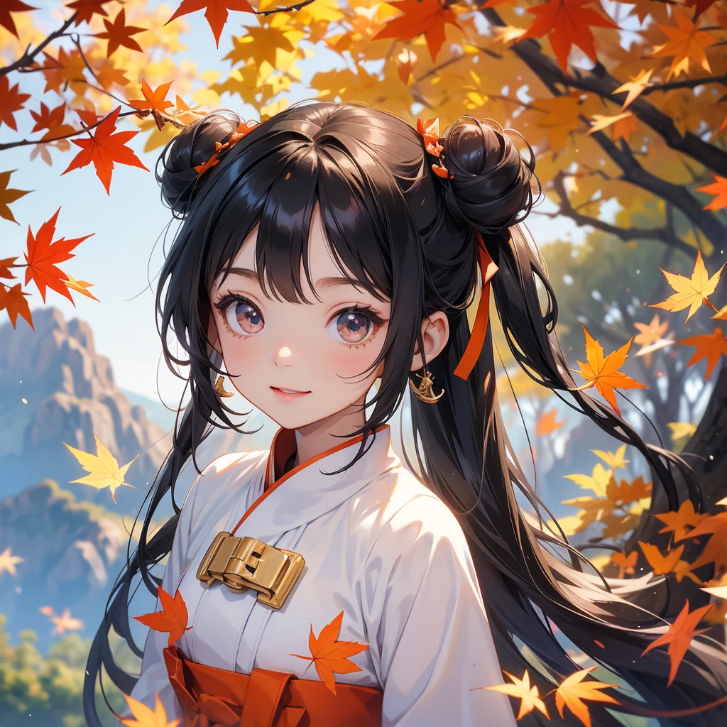 A chibi  girl had a small face and wearing a white little tourist priest’s outfit, a pair of big round eyes shone with curiosity about him. This childso cute, her hair is black with buns on her hair. Small chibi , chibi baby, smil, chibi. 

The backdrop is a mountain that turns orange-red in spring, and maple leaves fall from the trees.