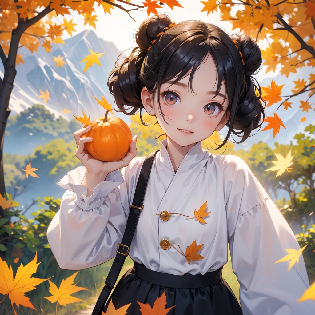 A chibi child girl had a small face and wearing a white little tourist priest’s outfit, a pair of big round eyes shone with curiosity about him. This child was so cute, her hair is black with buns on her hair. Small chibi , chibi baby, smiling , chibi. 

The backdrop is a mountain that turns orange-red in spring, and maple leaves fall from the trees.