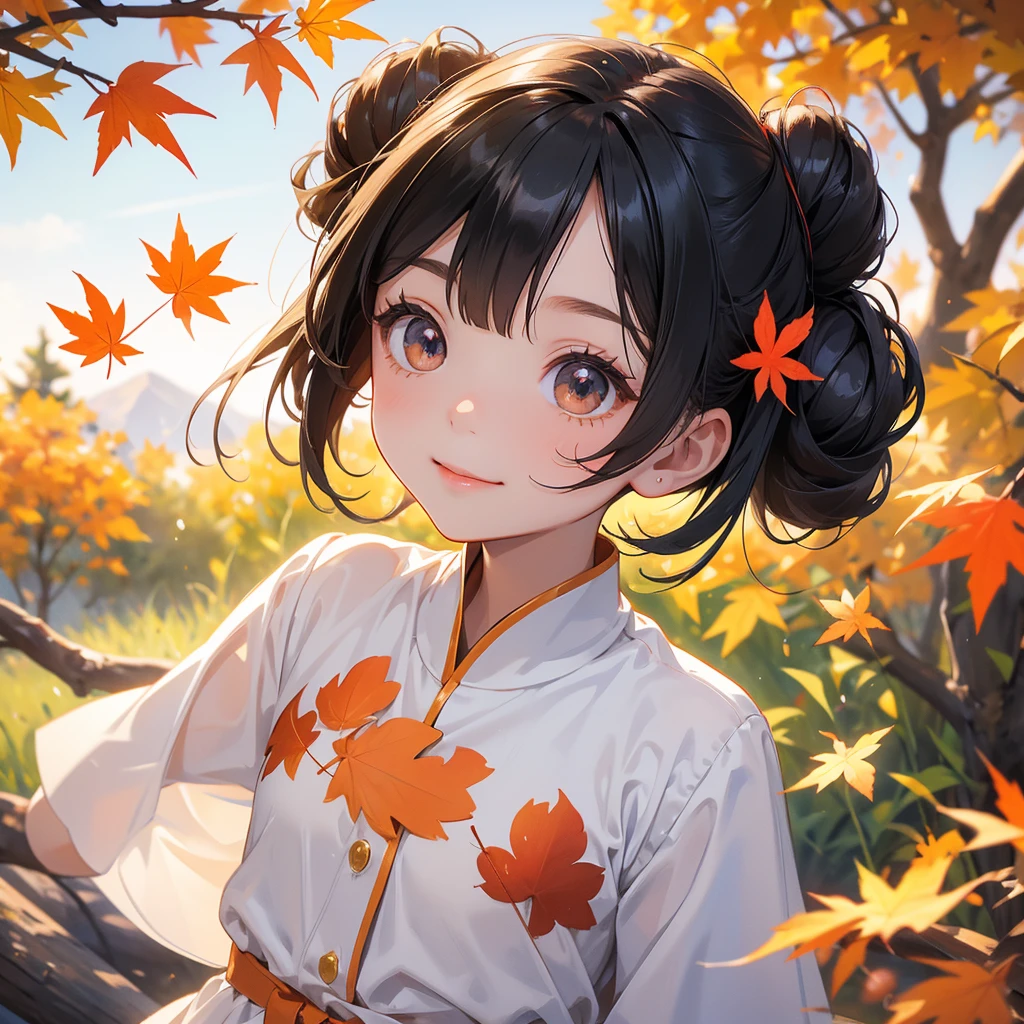 A chibi girl had a small face and wearing a white little tourist priest’s outfit, a pair of big round eyes shone with curiosity about him. This childso cute, her hair is black with buns on her hair. Small chibi , chibi baby, smil, chibi.
The backdrop is a mountain that turns orange-red in spring, and maple leaves fall from the trees.