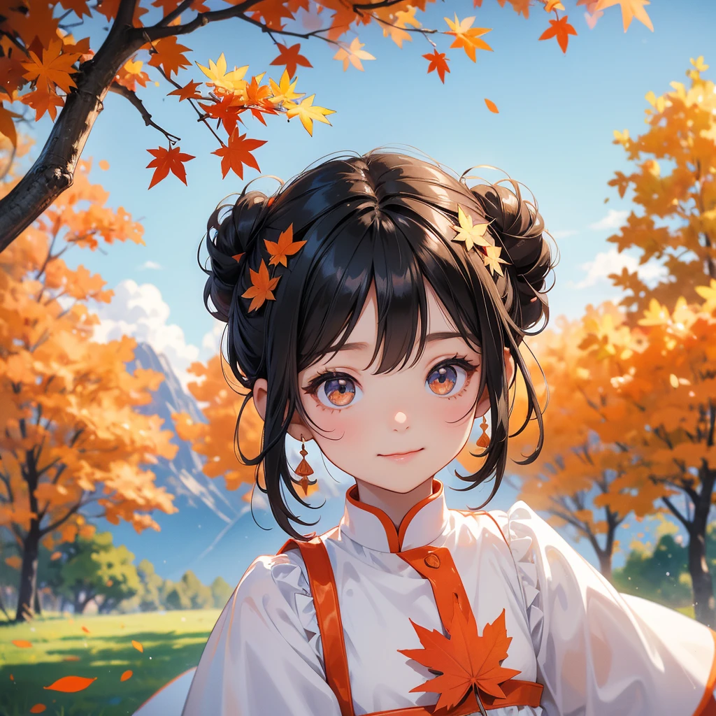 A chibi child girl had a small face and wearing a white little tourist priest’s outfit, a pair of big round eyes shone with curiosity about him. This child was so cute, her hair is black with buns on her hair. Small chibi , chibi baby, smiling , chibi.
The backdrop is a mountain that turns orange-red in spring, and maple leaves fall from the trees.