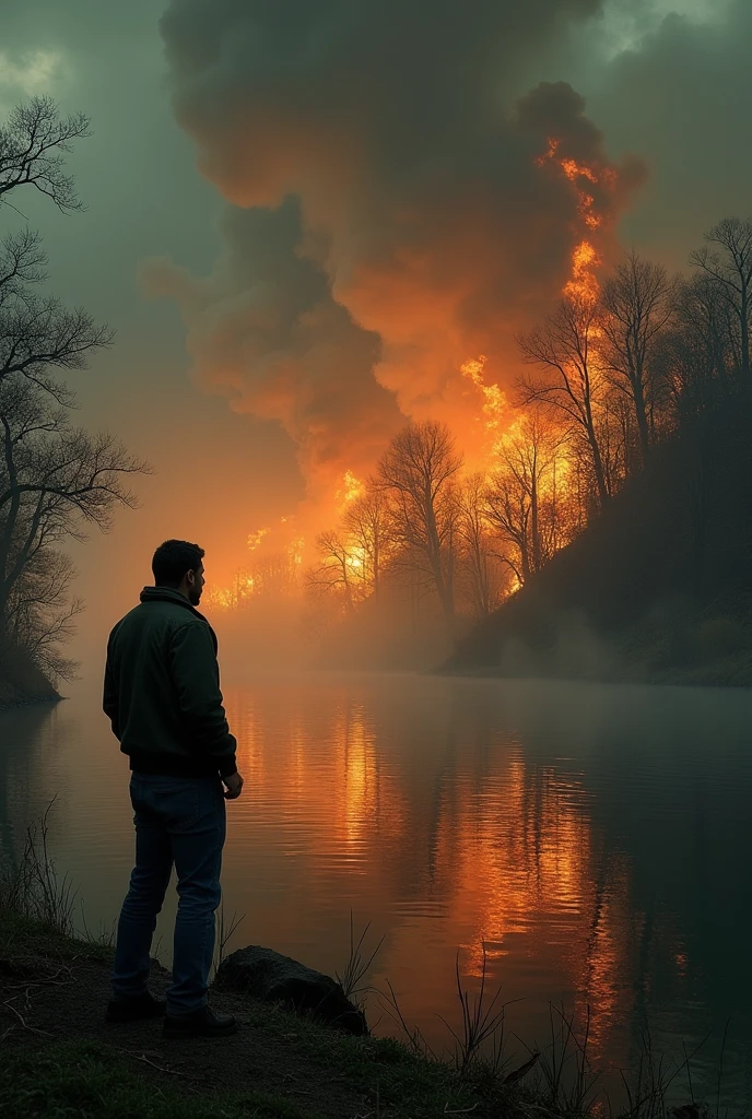 A alone guy standing behind the river, watching the burning trees and dark sky.