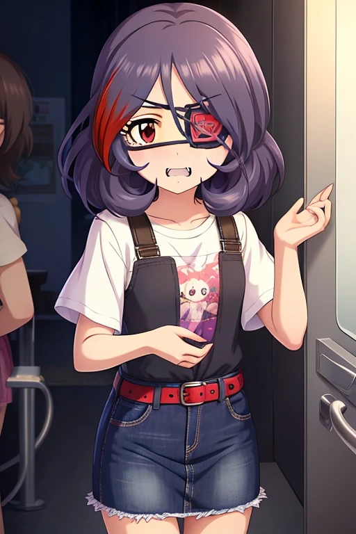 Hayasaka Mirei,purple hair,multicolored hair,fang,brown eyes,short hair,eyepatch,white t-shirt,jeans skirt,belt, skirt rolled up