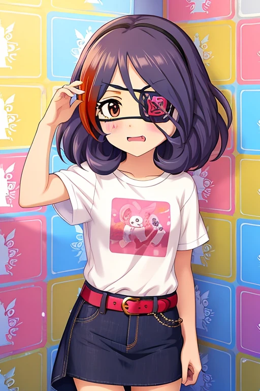 Hayasaka Mirei,purple hair,multicolored hair,fang,brown eyes,short hair,eyepatch,white t-shirt,jeans skirt,belt, skirt rolled up