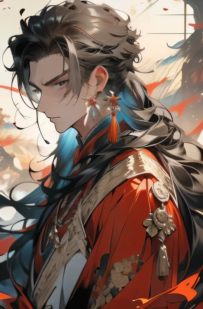 Masterpiece humanoid dragon, best picture quality, 1 handsome mature man, ancient Chinese palace background, black hair and eyes, golden dragon, long forked hair on forehead, black gold dress, detailed dragon pattern, serious and mighty, sword flying in the wind, He has a cold and delicate face, a handsome kingly demeanor, a tall figure, covered with golden patterns, and a calm temperament.