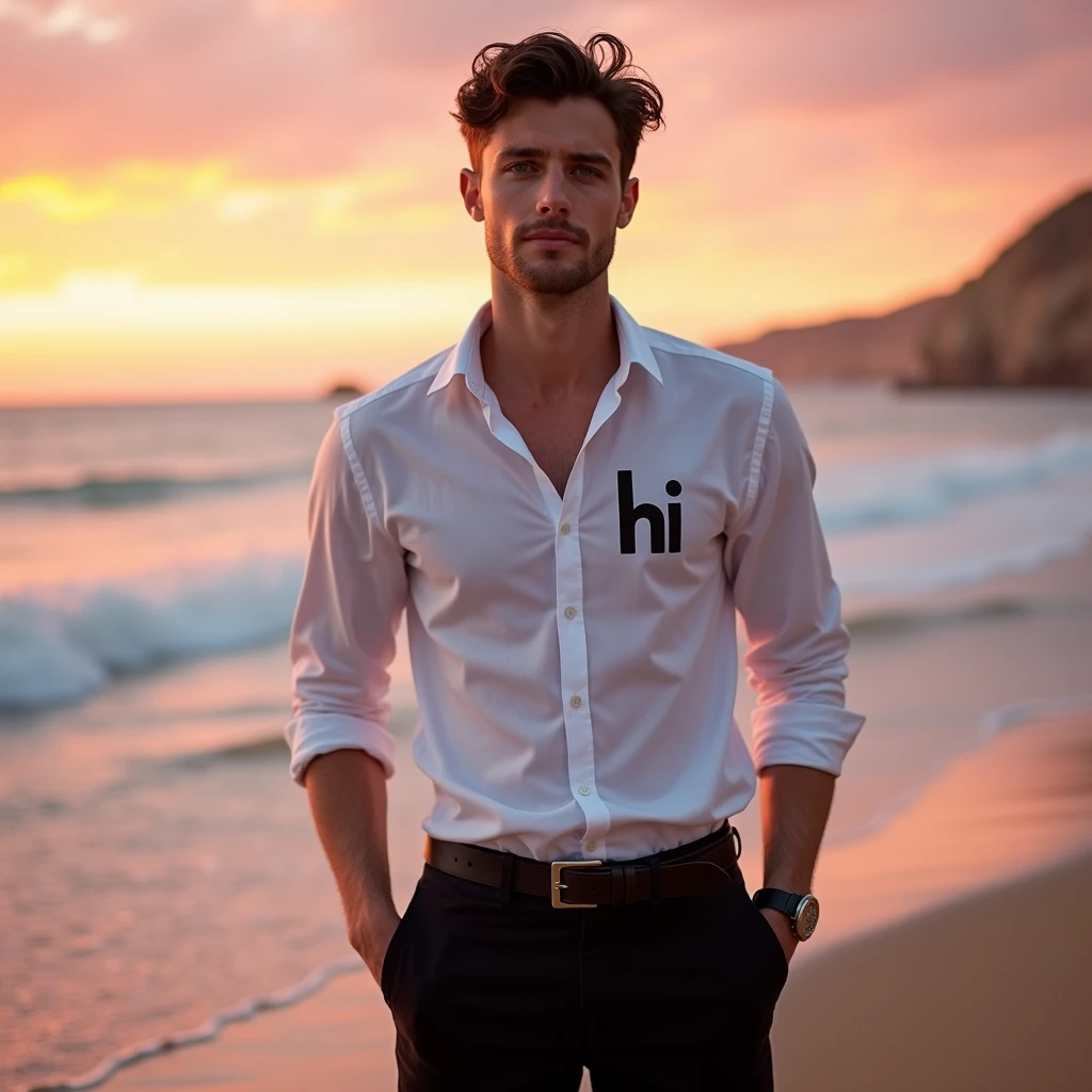 A white man, at 33 years old, model type, with short dark hair, with blue eyes, wearing a shirt with hi text buttoned up, black pants with belt, tennis, on the beach of Alentejo at sunrise, moving the sand