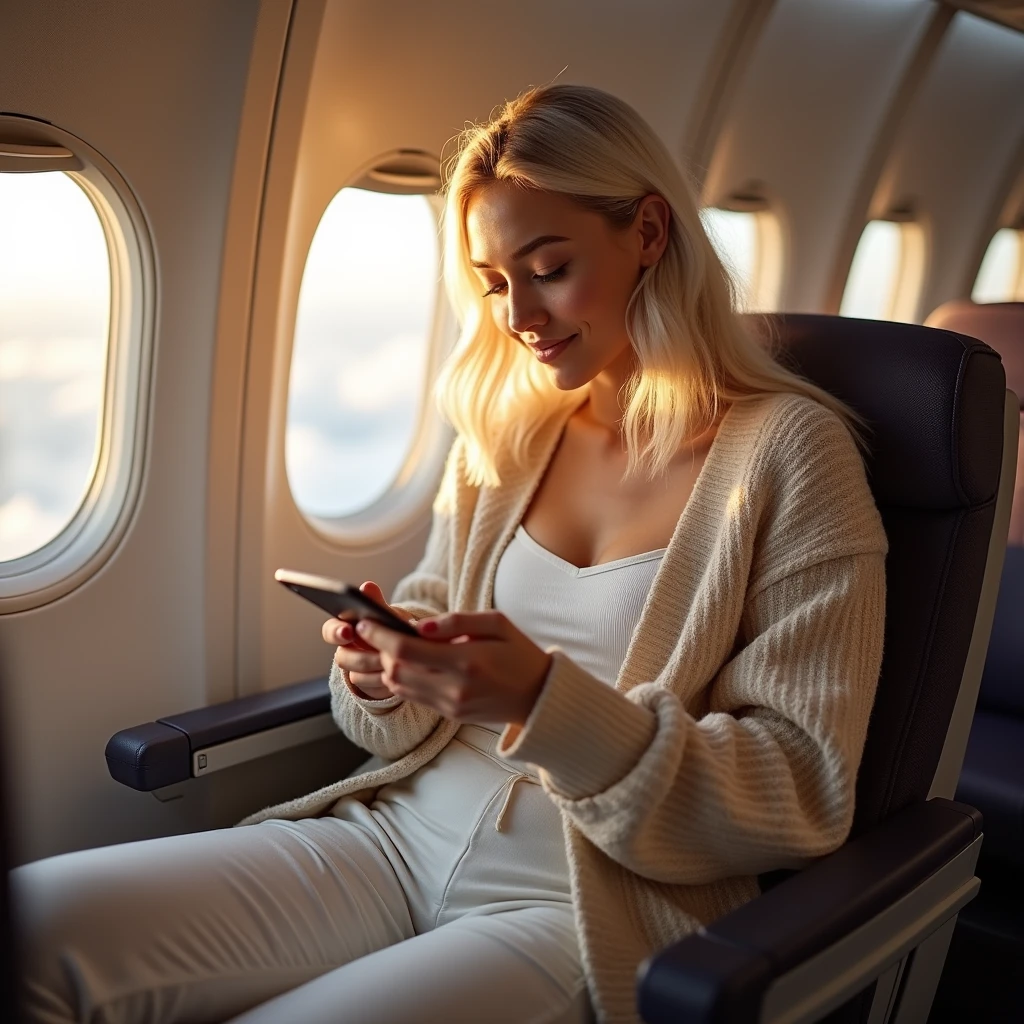 
This photo captures a young woman on an airplane, comfortably seated by the window. She’s dressed in a cozy, textured cardigan over a white knit top and white patterned pants, portraying a relaxed travel style. Her platinum blond hair is styled in soft, flowing waves, and she holds a smartphone in her hand, suggesting she's engaged in reading or texting. The natural light streaming through the airplane window illuminates her face, highlighting her gentle smile and contemplative expression. This scene conveys a sense of tranquil travel, capturing a moment of peace as she journeys to her destination.
