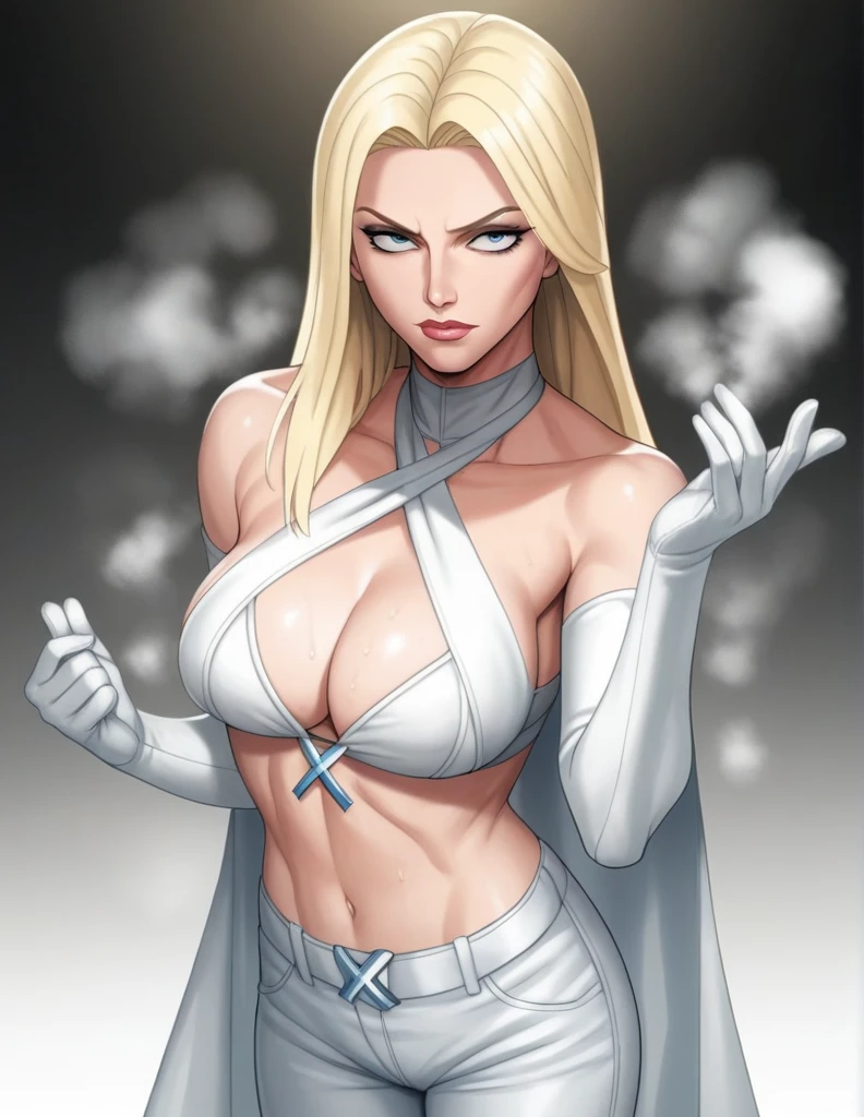 score_9, score_8_up, score_7_up, score_6_up, score_5_up, score_4_up, source_anime,((EF_WntXM_SDXL)), gorgeous emma frost female, beautiful eyes, seductive ,intense gaze,seductive expression,soft lighting,hentai, safe,medium breasts, Emma Frost, bare shoulders, cleavage,(halterneck bikini top, criss-cross halter,smell gloves,pants,all white ,(X-MAN)Anime Style, High Details, HD, High Quality,(MARVEL),