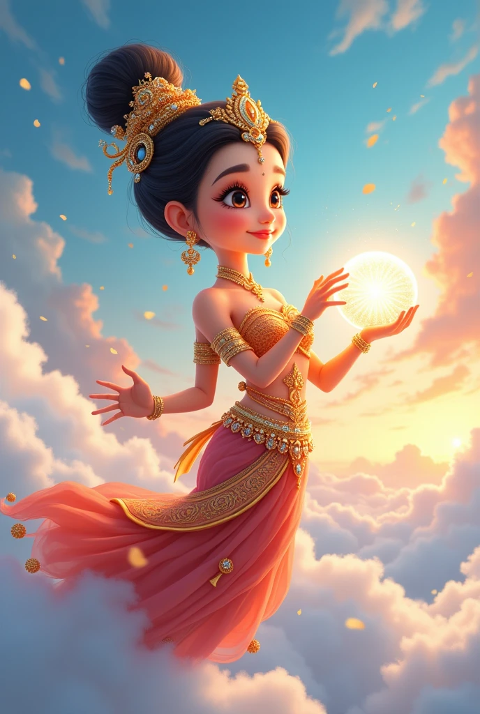 A woman in a Thai costume with a headdress floats in the sky holding a glowing crystal ball. Her whole body looks like a cartoon.