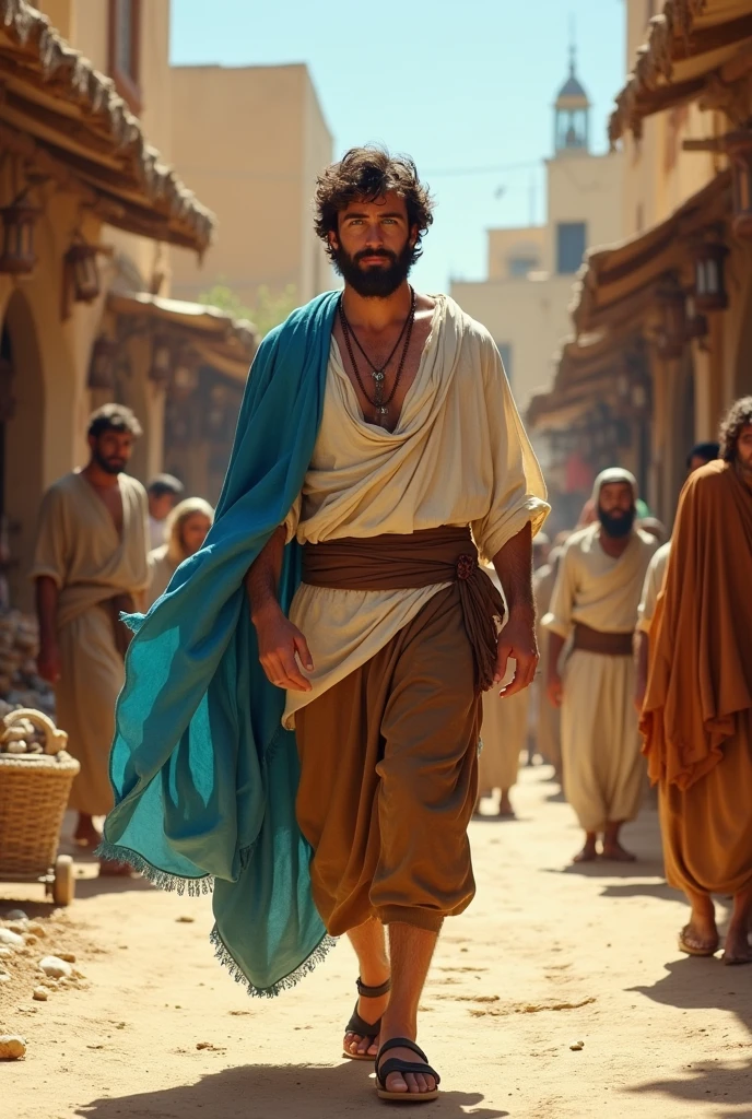 a white man with blue eyes, dark brown hair and beard dressed in a bone-colored tunic, brown skirt, leather sandals and sky blue cloak walking in a 1st century Jewish village