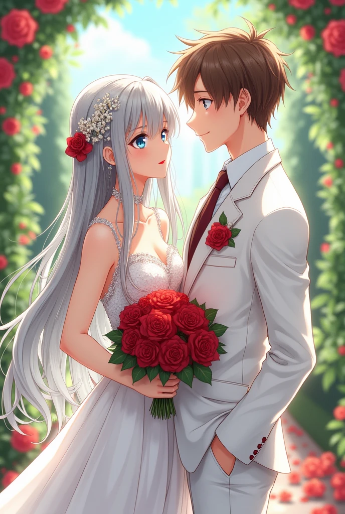 18 year old anime girl with long gray hair and blue eyes wearing a wedding dress. She has a beautiful hairstyle, she is wearing red lipstick, she is holding a bouquet of roses and she is waiting for her husband who is 25 years old, has green eyes and brown hair, he is wearing a white formal suit and his features are sharp and tend towards happiness 
