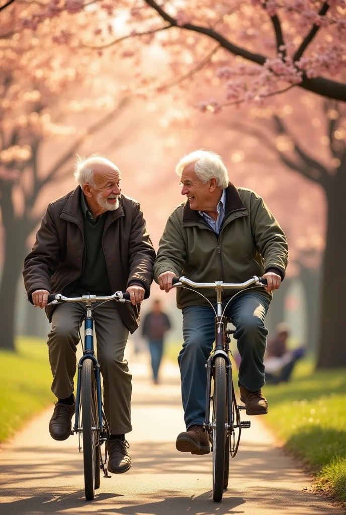 Elder man are biking and talking show.