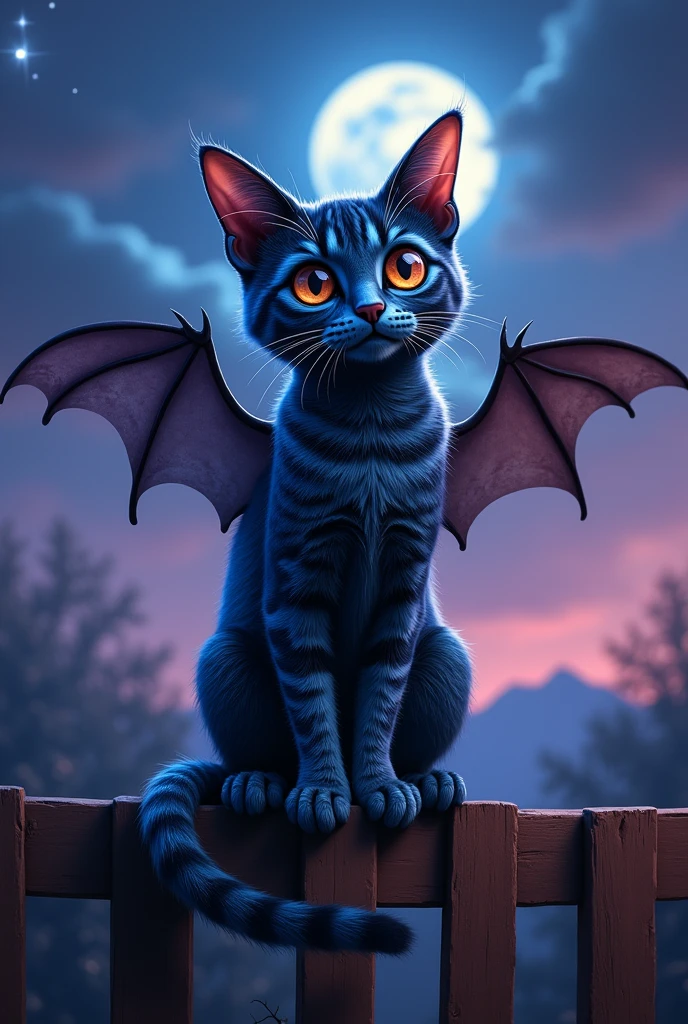 a blue and black tabby cat with bulging eyes and bat wings