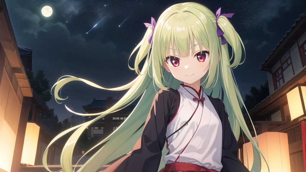 ((masterpiece)),(best quality),Official Art,Extremely detailed CG,Unity 8K wallpaper,Very detailed,Beautiful and delicate eyes,Extremely detailed face,1 girl,solitary,,(whole body:1.5),(small:1.3),Smile,,Murasame,Very long hair,Green Hair,Face Up,Purple bow,hairpin,Side chains,Bangs,Red Eyes,Neck strap,Red belt,Chinese elegant style,Long-sleeved hanfu,Cut a piece of time and slowly flow into the moonlight, Fluctuating slightly. Playing a piece of fragrant lotus. Beautiful piano music falls beside me. Fireflies light up the night sky.