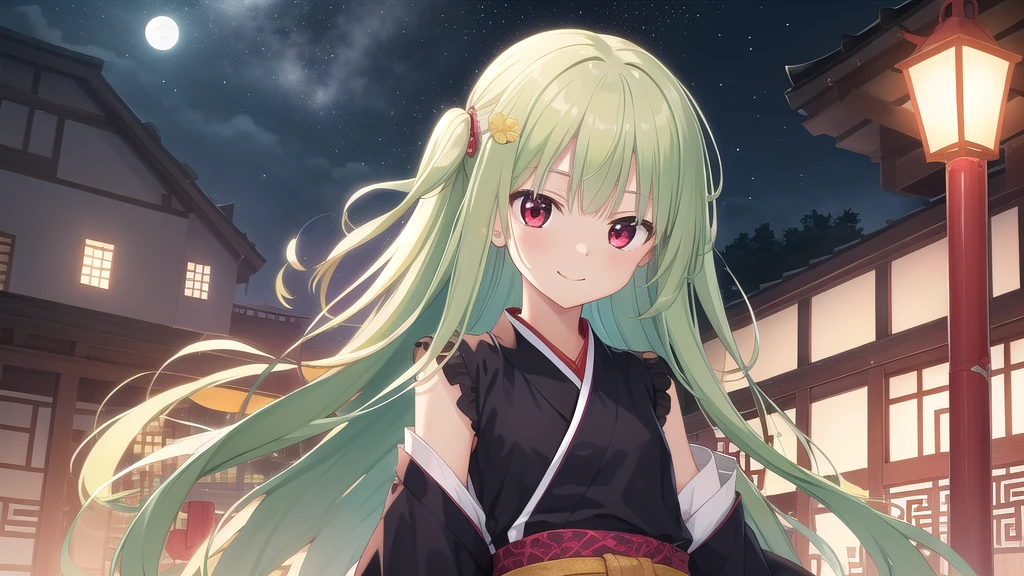 ((masterpiece)),(best quality),Official Art,Extremely detailed CG,Unity 8K wallpaper,Very detailed,Beautiful and delicate eyes,Extremely detailed face,1 girl,solitary,,(whole body:1.5),(small:1.3),Smile,,Murasame,Very long hair,Green Hair,Face Up,Purple bow,hairpin,Side chains,Bangs,Red Eyes,Neck strap,Red belt,Chinese elegant style，Long-sleeved hanfu，Cut a piece of time and slowly flow into the moonlight, Fluctuating slightly. Playing a piece of fragrant lotus. Beautiful piano music falls beside me. Fireflies light up the night sky.