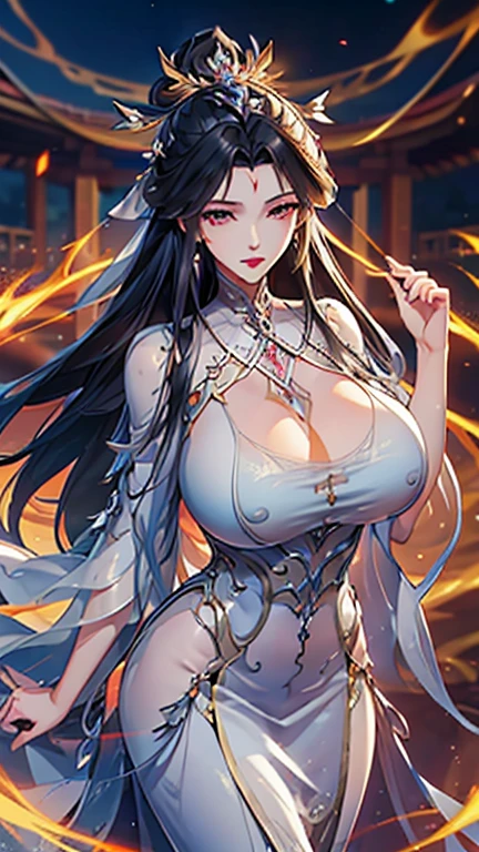 1 Woman, mature, High (1.85 cm), looks about 35 years old, has long black hair, straight and shiny, tied in the Chinese Taoist style, majestic black eyes, Extremely detailed eyes, perfect eyes, đôi mắt cực kỳ thực tế, balanced eyes, Long eyelashes, Anime style, perfect face, milf face, full red lips, mature, smooth white skin, natural body, sexy body, milf body, Perfect hands, detailed hands, arms in proportion to the body, đôi tay thực tế, arm with good anatomy, She was wearing only a red Chinese style dress decorated with gold and silver with phoenix motifs woven into the dress but still could not hide her extremely large and gigantic breasts., very big breasts, four hands can lift,breasts sag due to their size, thick thighs, wide hips, look at the viewer, The background is a Chinese-style pavilion., pose alone, look at the viewer.