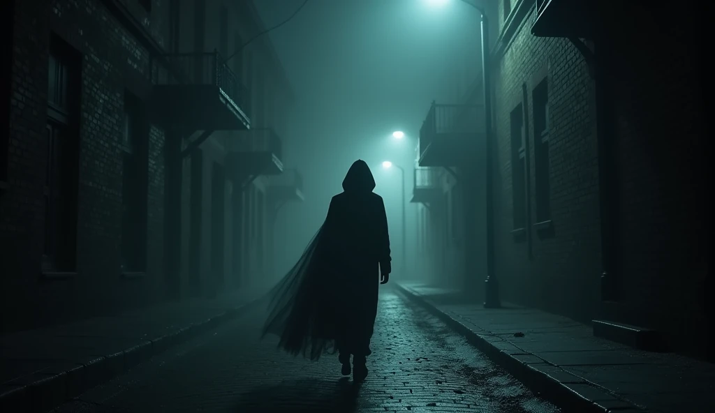 Ending in Darkness
The final image is a dark, empty street with only a faint outline of Akash disappearing into the distance. The shadowy figure still lingers, almost merging with the shadows. The atmosphere is cold and silent, with a thick, unsettling darkness hanging over the scene.