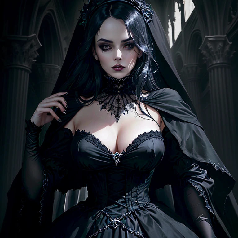 The Woman in Black.transparent without a bra.breasts are visible. dress with gothic makeup, gothic aesthetics, Portrait of the Dark Goddess, ominous gothic aesthetics, gothic influence, elegant victorian vampire, beautiful elegant demon queen, Gothic art style, Beautiful Vampire Queen, elegant gothic princess, She is the queen of black roses, victorian gothic, Gothic style, gothic royal, dark queen ready, gothic horror atmosphere